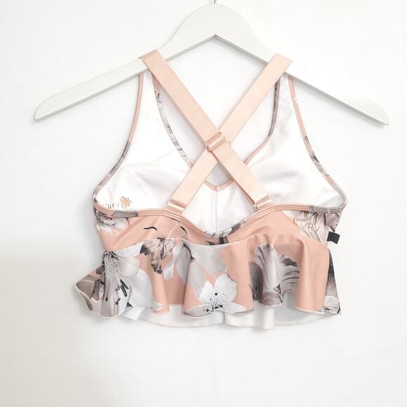 L'urv Pink Sports Bra Top Sz Small Peplum Floral Print Ruffle Cross Racer Back - Picture 3 of 7